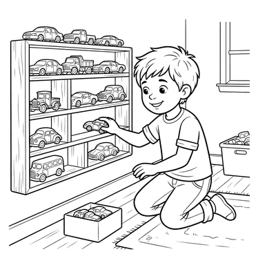 Boy Collecting Toy Cars Coloring Page