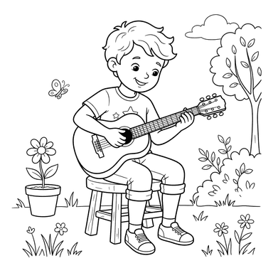 Boy Playing Small Guitar Coloring Page