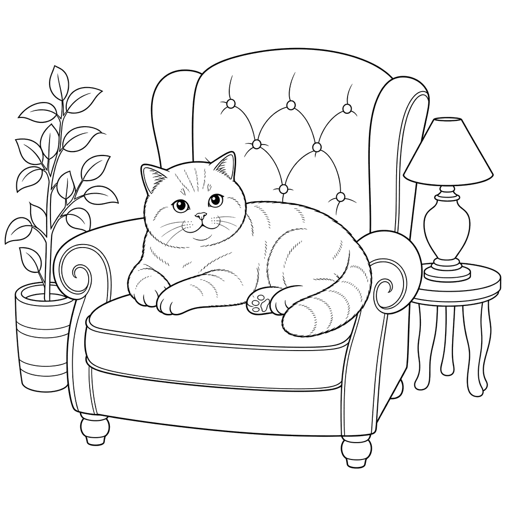 British Cat on Armchair Coloring Page