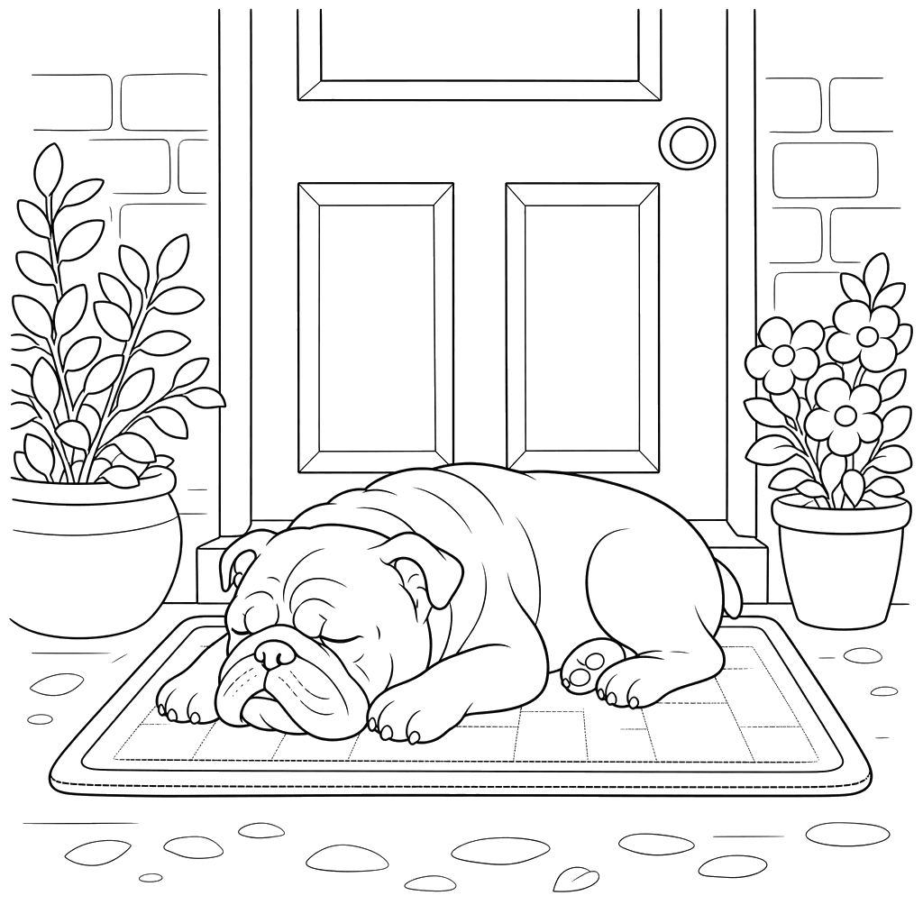 Bulldog napping on a doormat