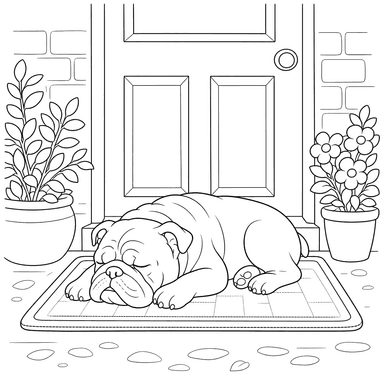 Bulldog napping on a doormat