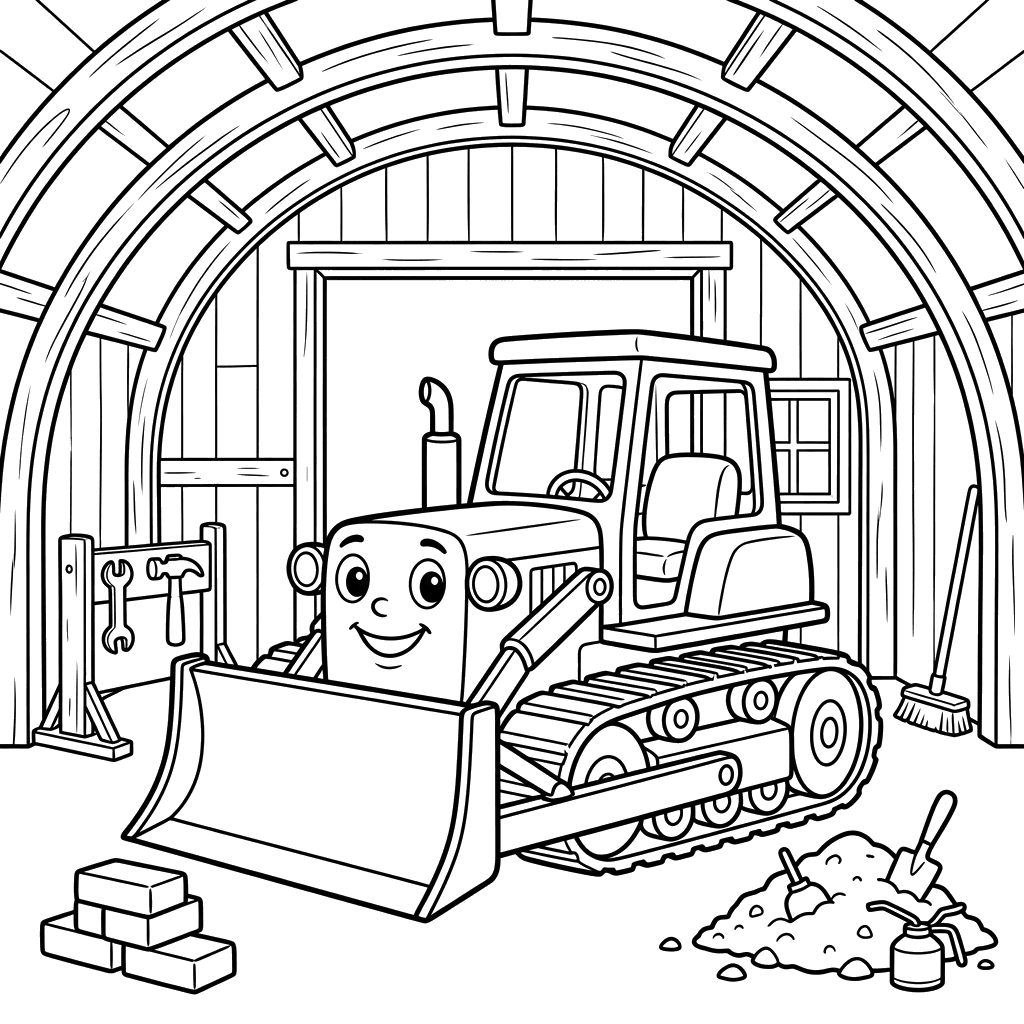 Bulldozer in Hangar Coloring Page