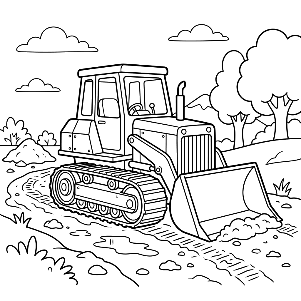 Bulldozer on a Muddy Road Coloring Page