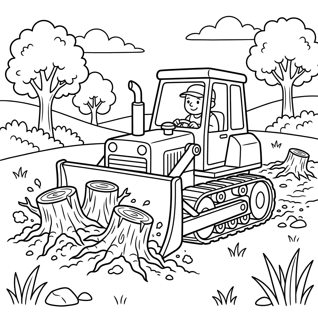 Bulldozer Pushing Stumps Coloring Page