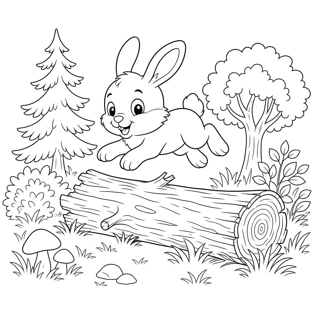 Bunny Jumping Over a Forest Log