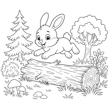Bunny Jumping Over a Forest Log