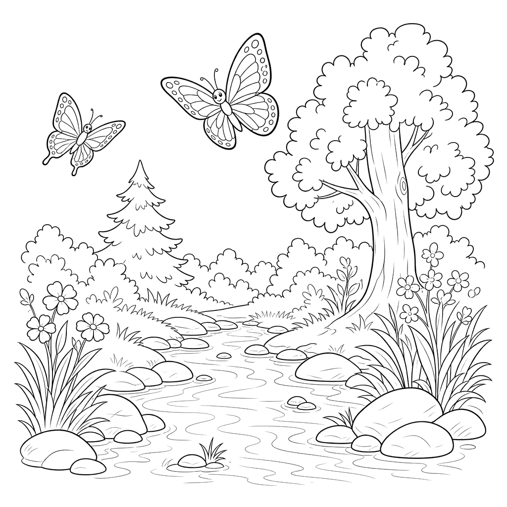 Butterflies by a Forest Stream Coloring Page