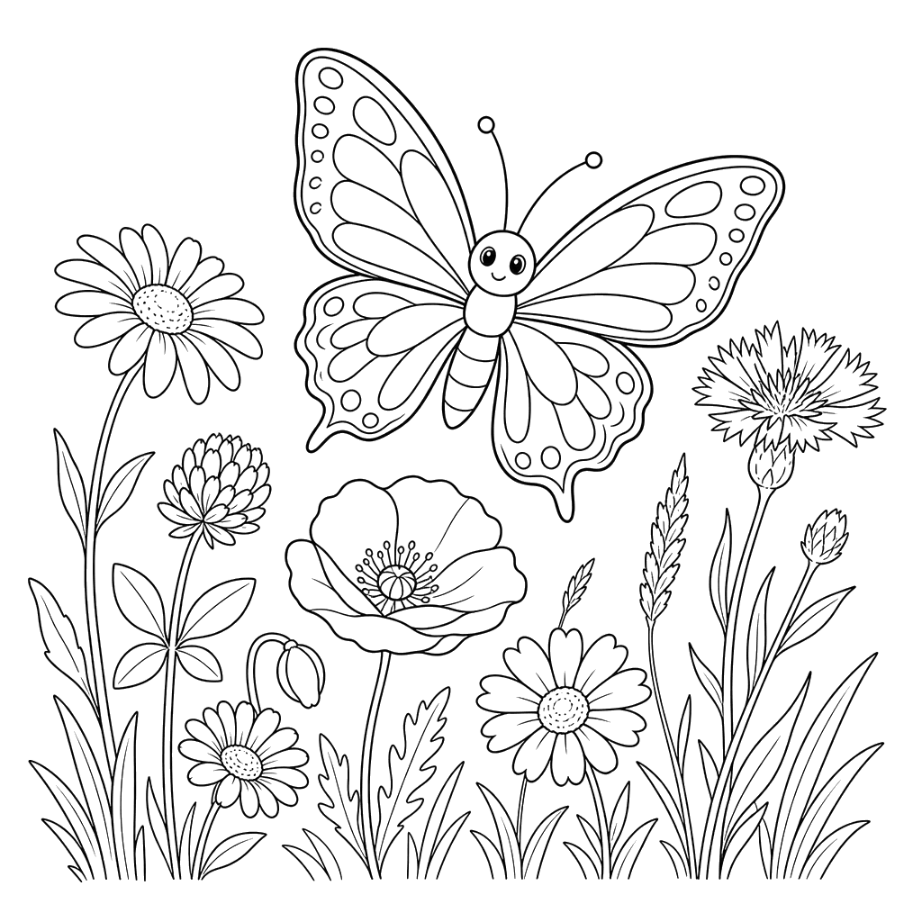 Butterfly among wildflowers — coloring page