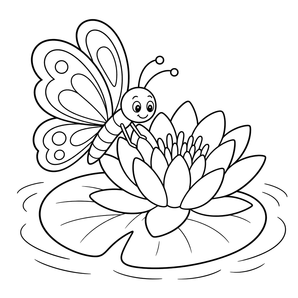 Butterfly Landing on a Pond Lily Coloring Page