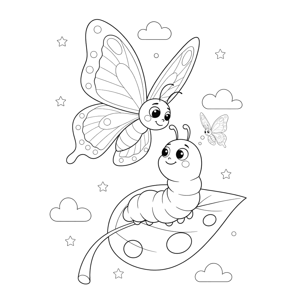 Butterfly Meets Caterpillar Coloring Page