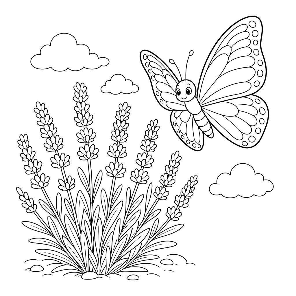 Butterfly near a lavender bush — coloring page