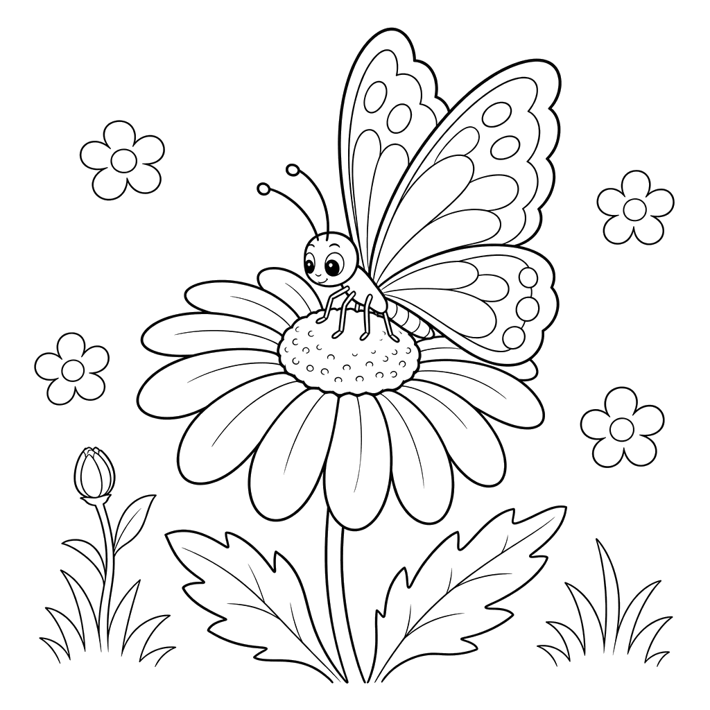Butterfly on a Daisy Coloring Page