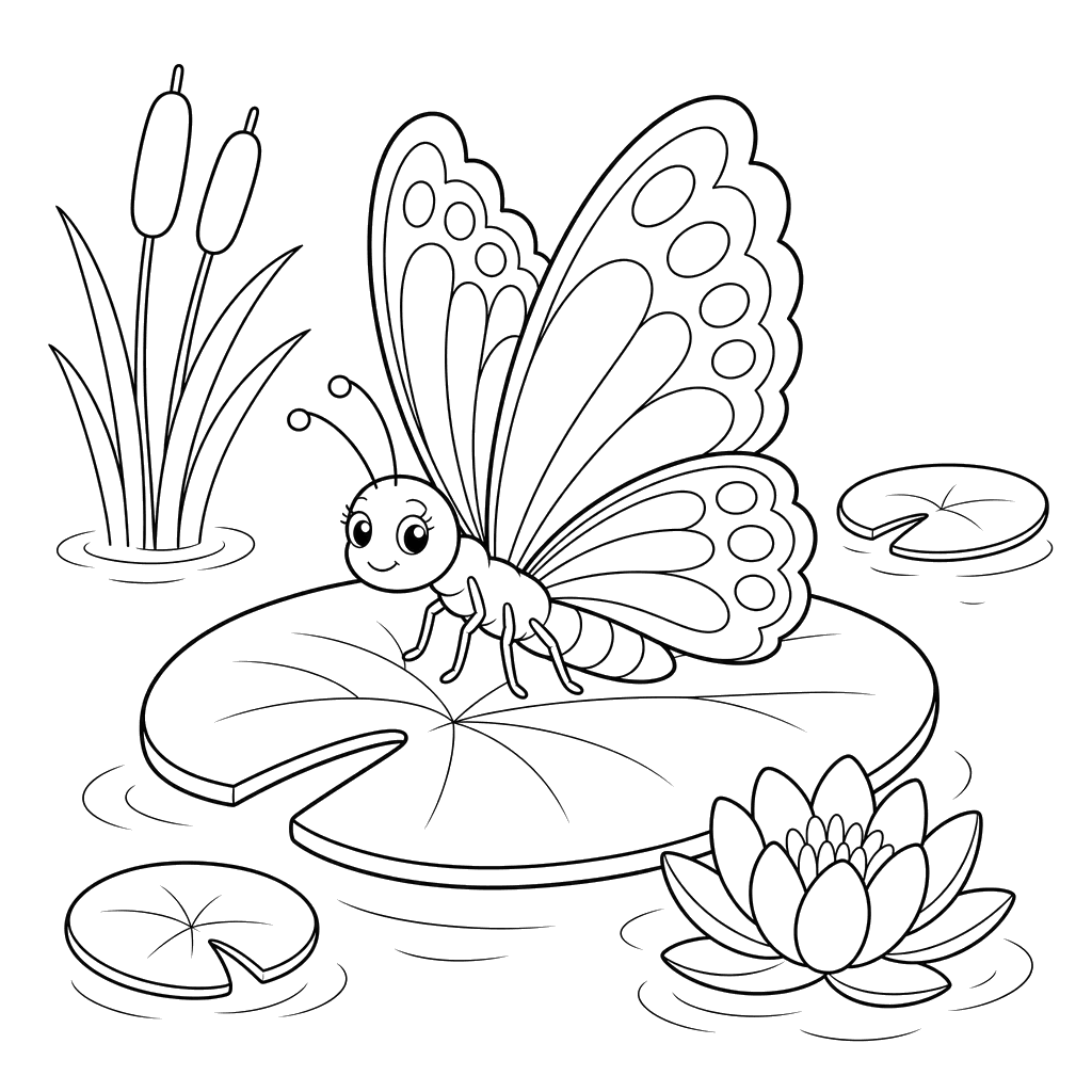 Butterfly on a Lily Pad Coloring Page