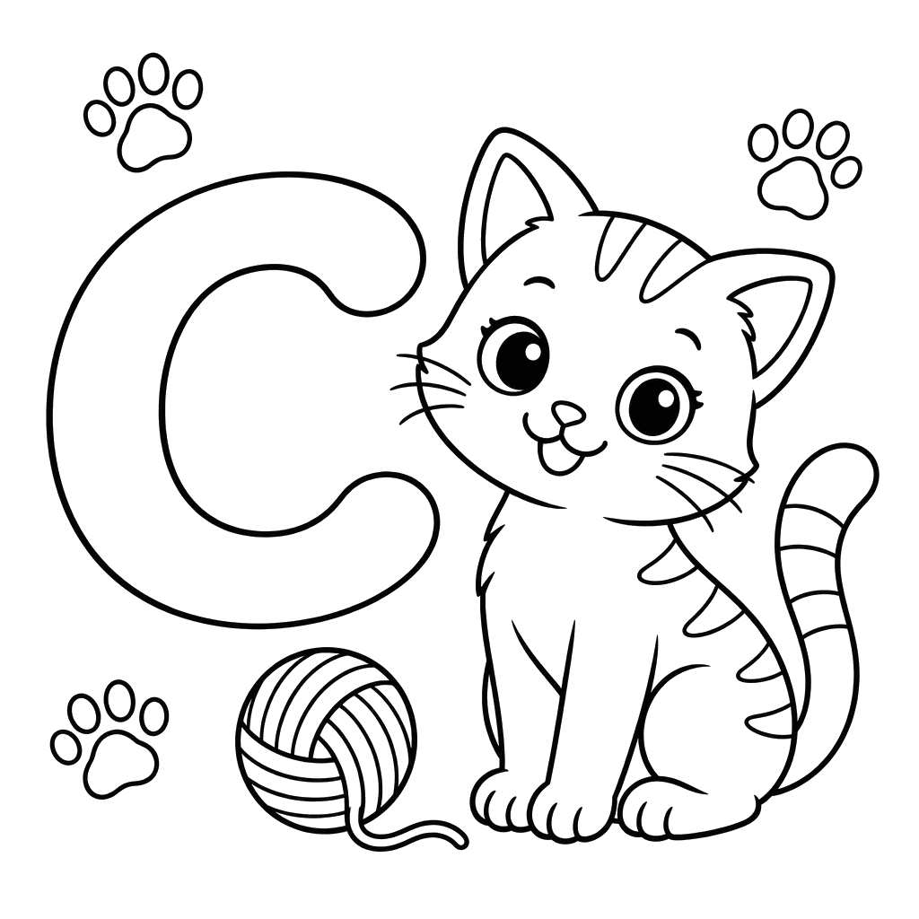 Letter C and Cat Coloring Page