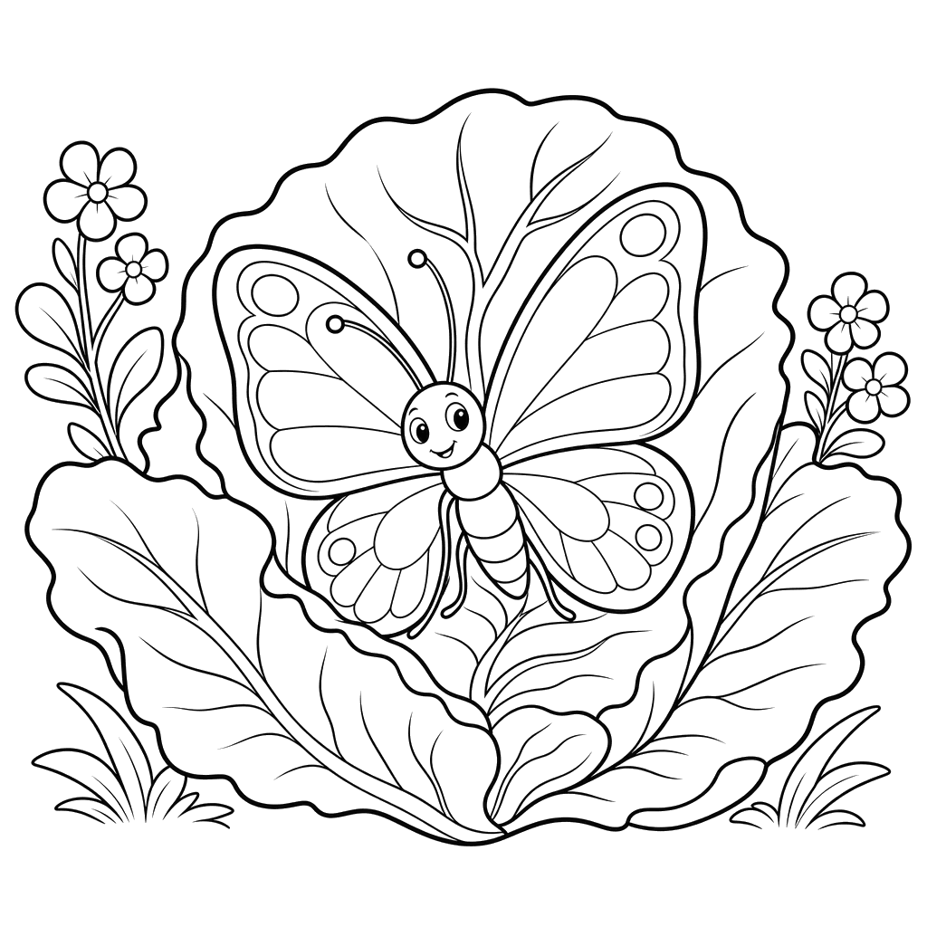 Cabbage butterfly on a cabbage leaf coloring page