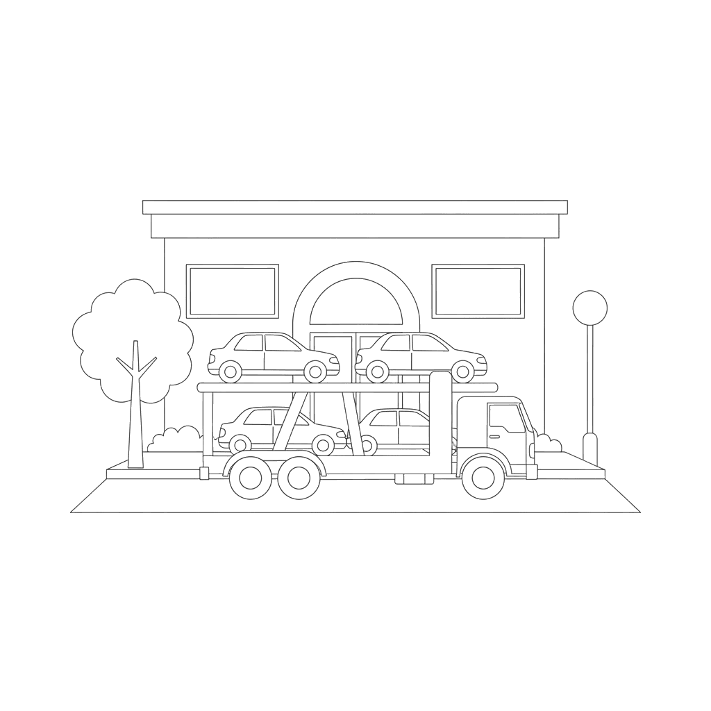 Car Carrier at Dealership Coloring Page