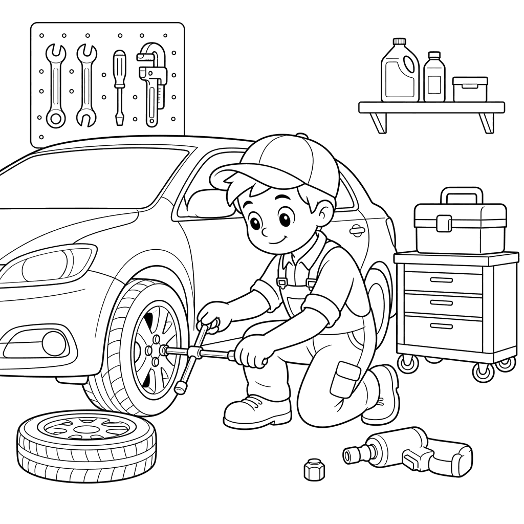 Car Mechanic Repairing Wheel Coloring Page