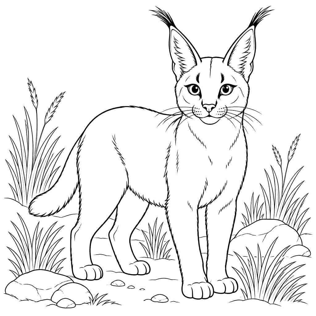 Caracal in Dry Grass Coloring Page