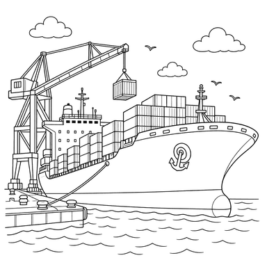 Cargo Ship in Port Coloring Page
