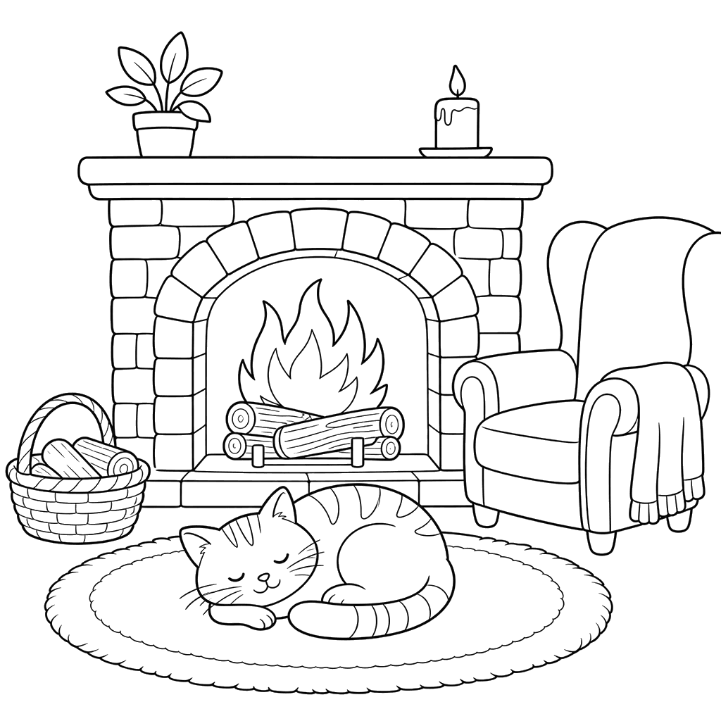Cat Warming Itself by the Fireplace — Coloring Page