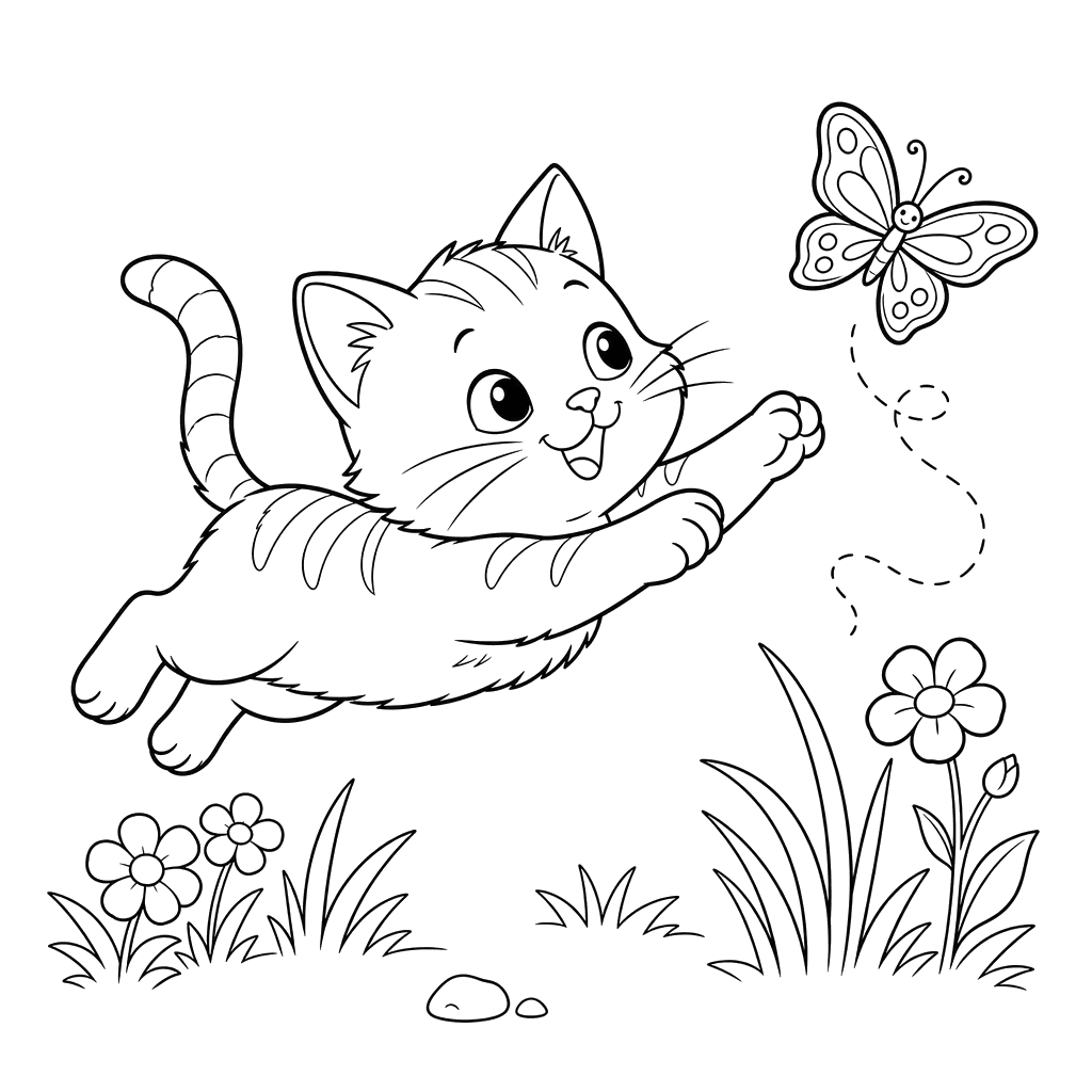 Cat Catches a Butterfly: Printable Coloring Page
