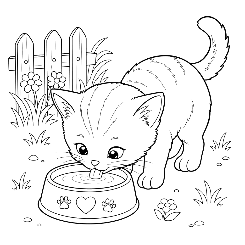 Cat Drinking Milk — Coloring Page