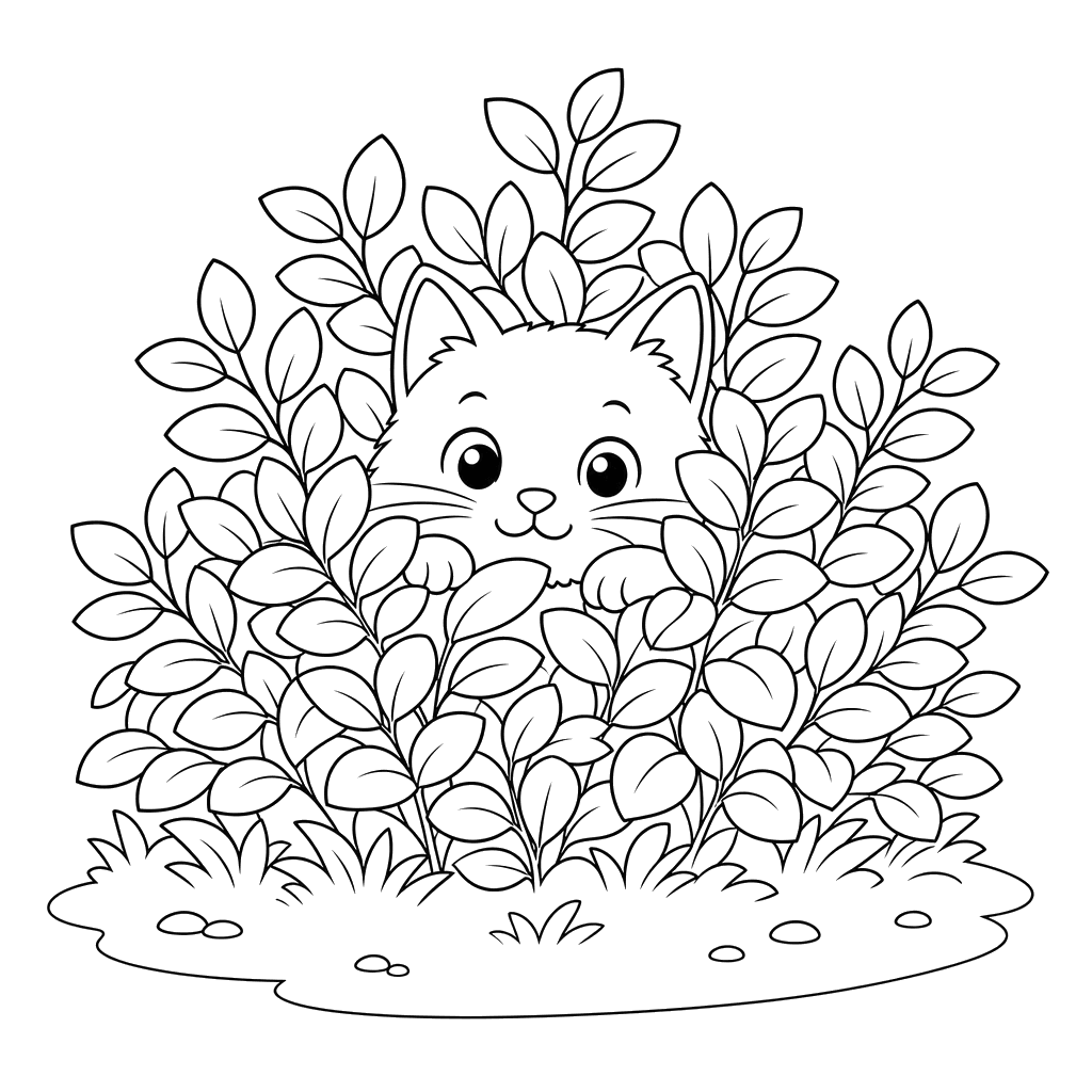 Cat Hiding in the Bushes Coloring Page