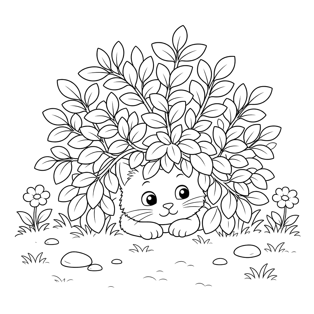 Cat Hiding Under a Bush Coloring Page