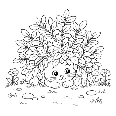 Cat Hiding Under a Bush Coloring Page