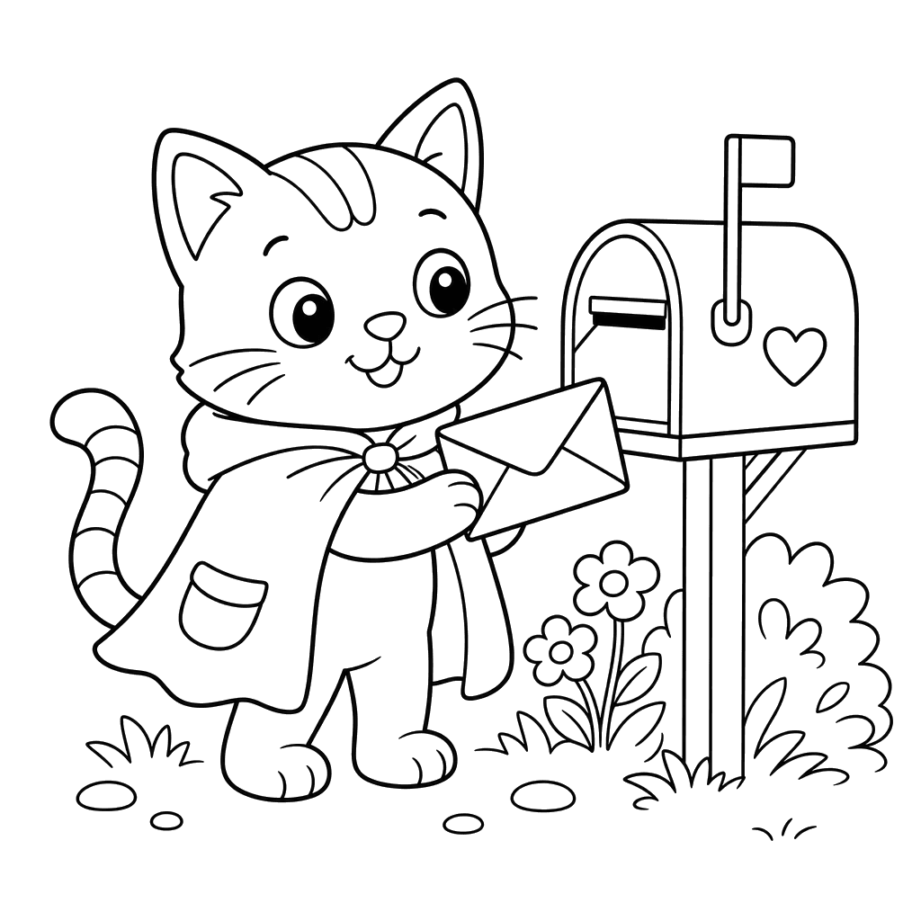 Cat in a Cloak by Mailbox — coloring page