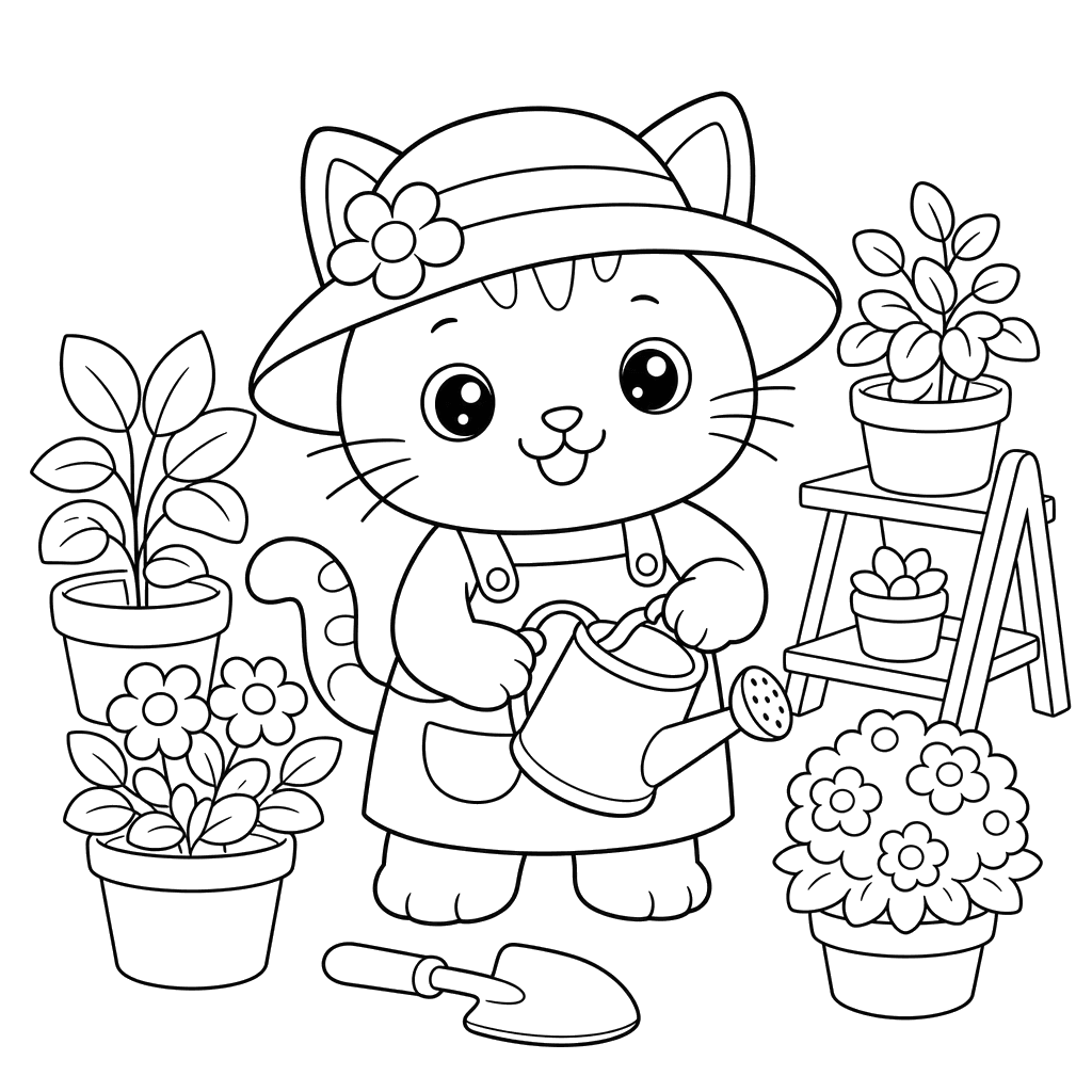 Cat in a Hat in Home Garden Coloring Page