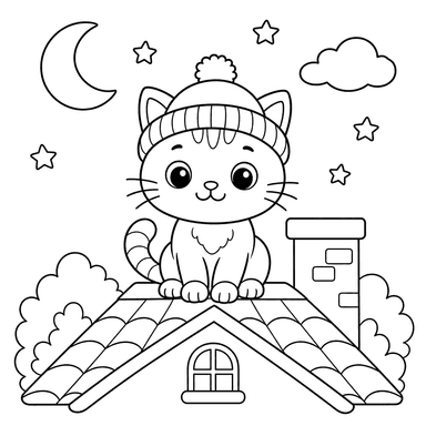 Cat in a Hat on a Roof Coloring Page