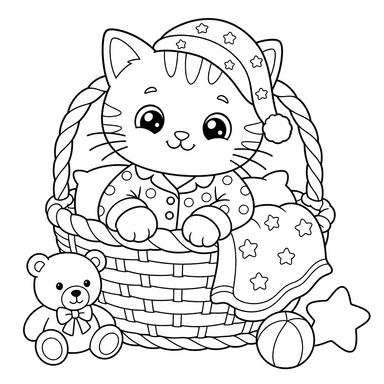 Cat in Pajamas in a Woven Basket Coloring Page
