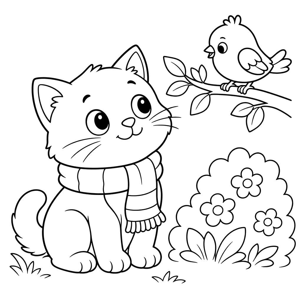 Cat in Scarf Looks at Bird - Coloring Page