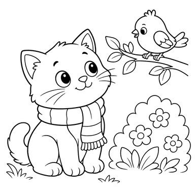 Cat in Scarf Looks at Bird - Coloring Page