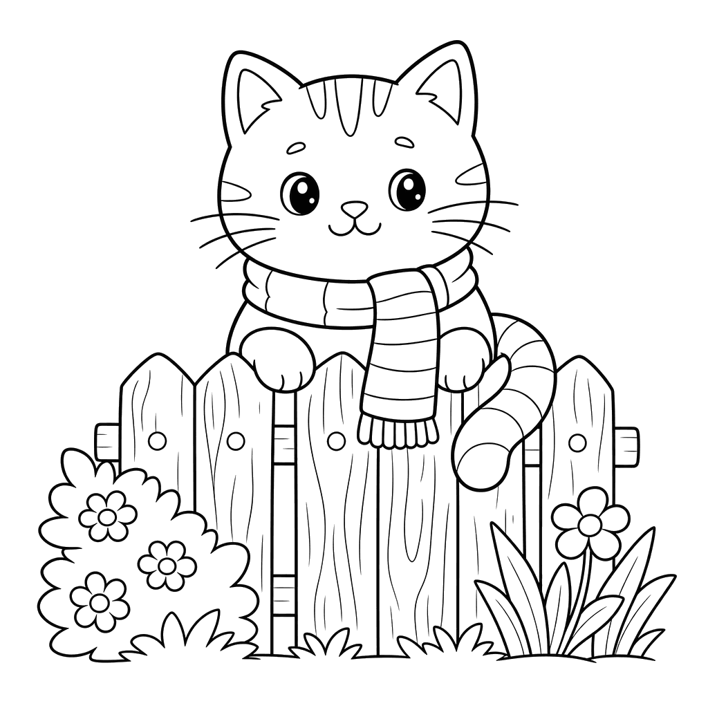 Cat in Scarf on Wooden Fence