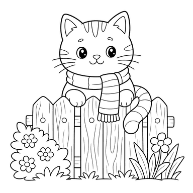 Cat in Scarf on Wooden Fence