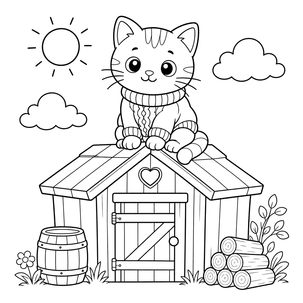 Cat in Sweater on Barn Roof Coloring Page