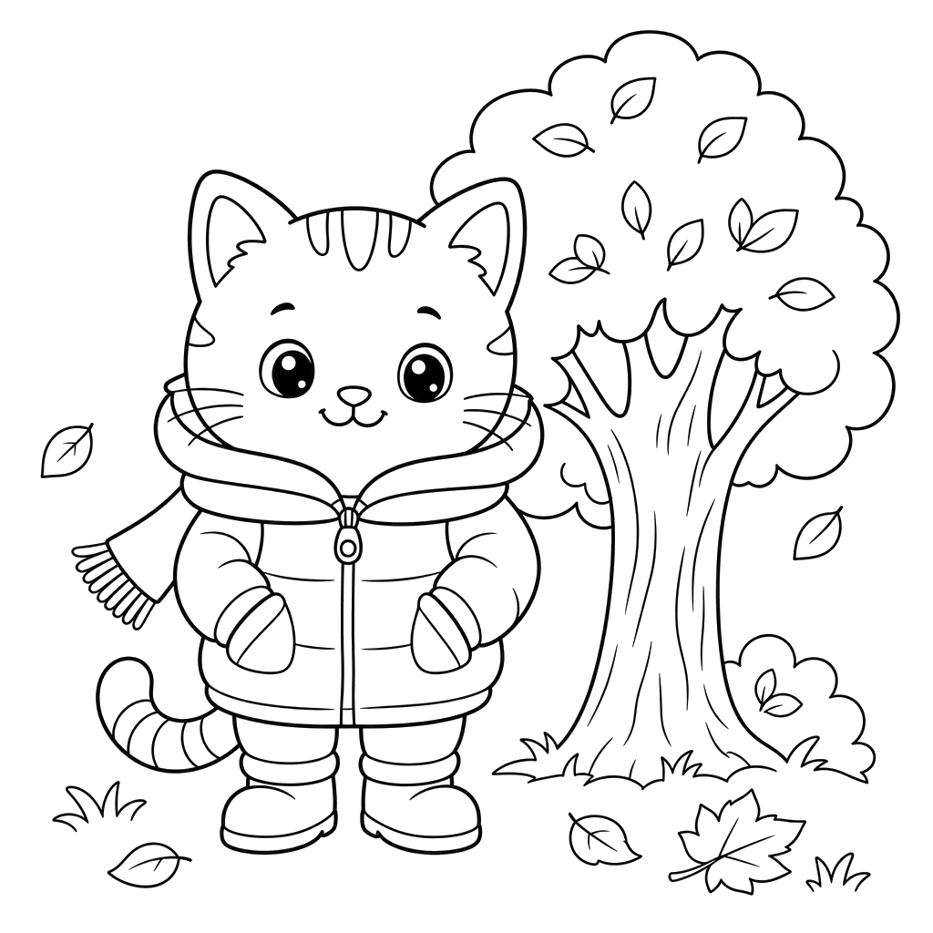 Cat in a Warm Jacket Coloring Page