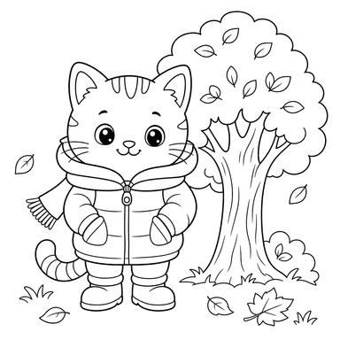 Cat in a Warm Jacket Coloring Page