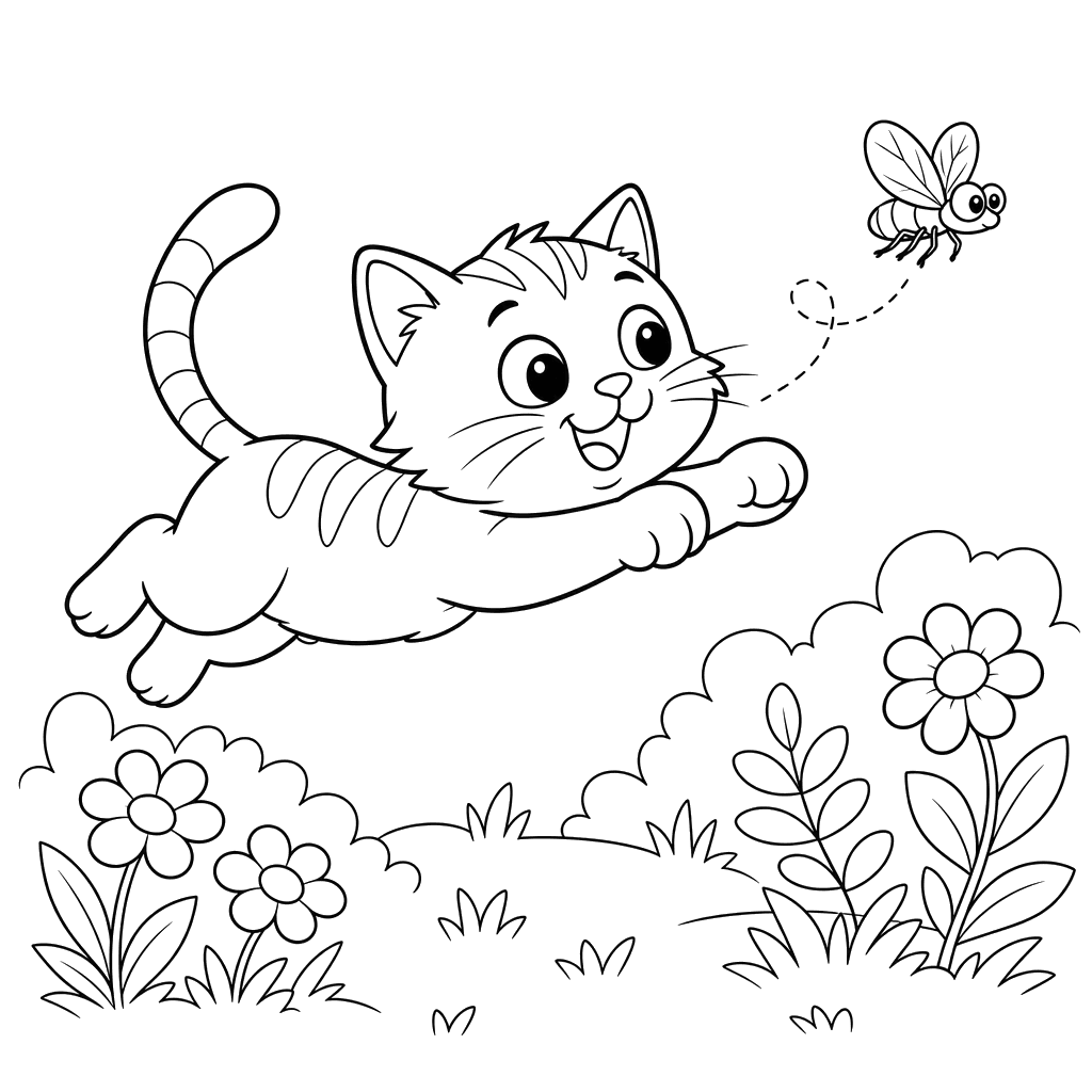 Cat Jumping After a Fly — Coloring Page