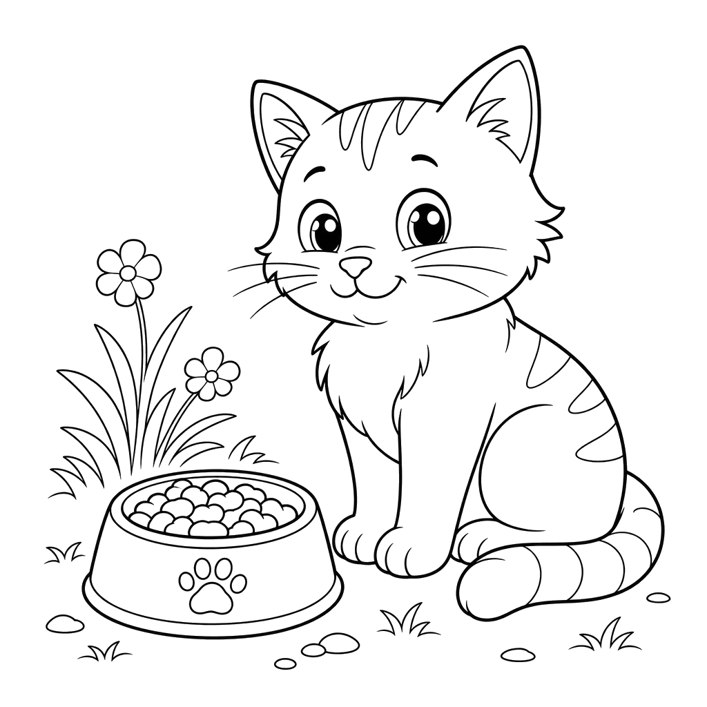 Cat sitting near a food bowl — coloring page
