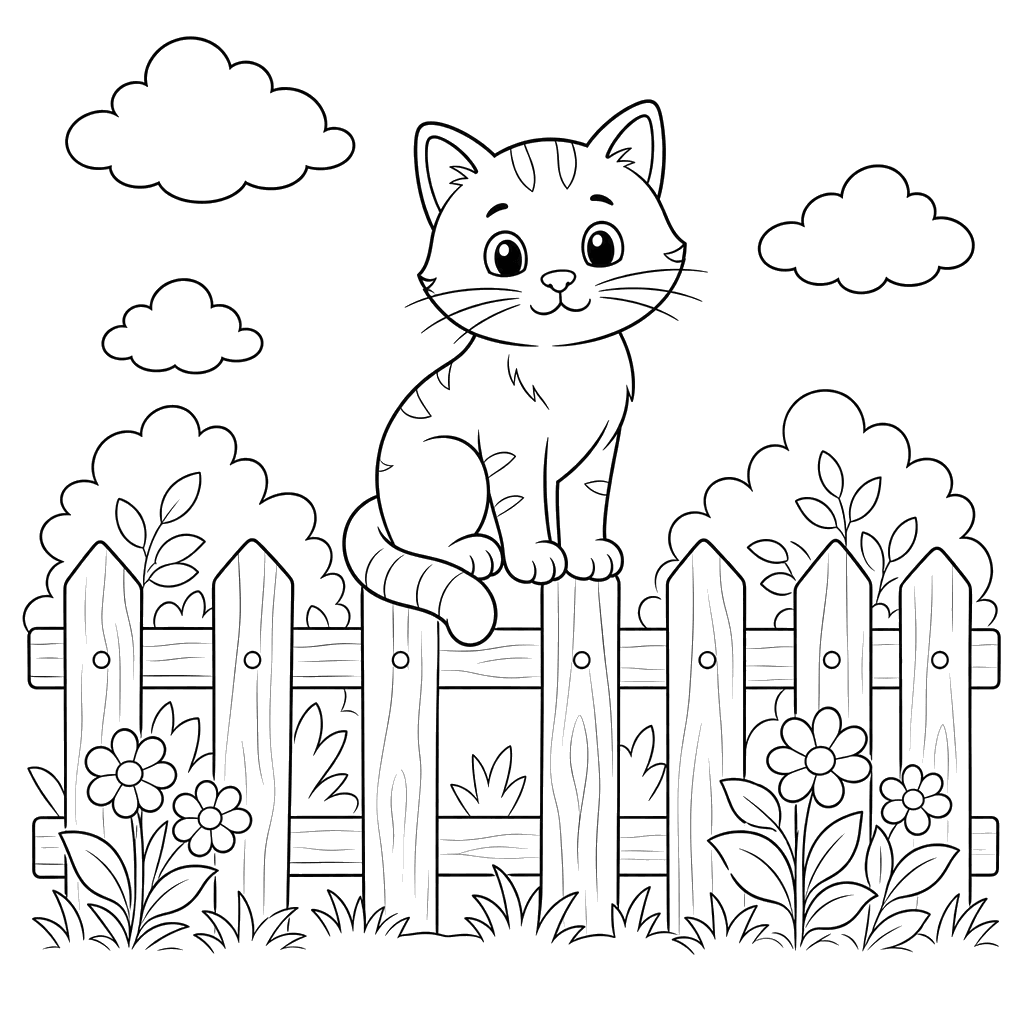 Cat Sitting on a Fence Coloring Page