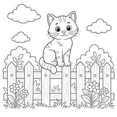 Cat Sitting on a Fence Coloring Page