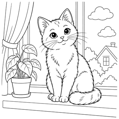 Cat on a Windowsill Coloring Page