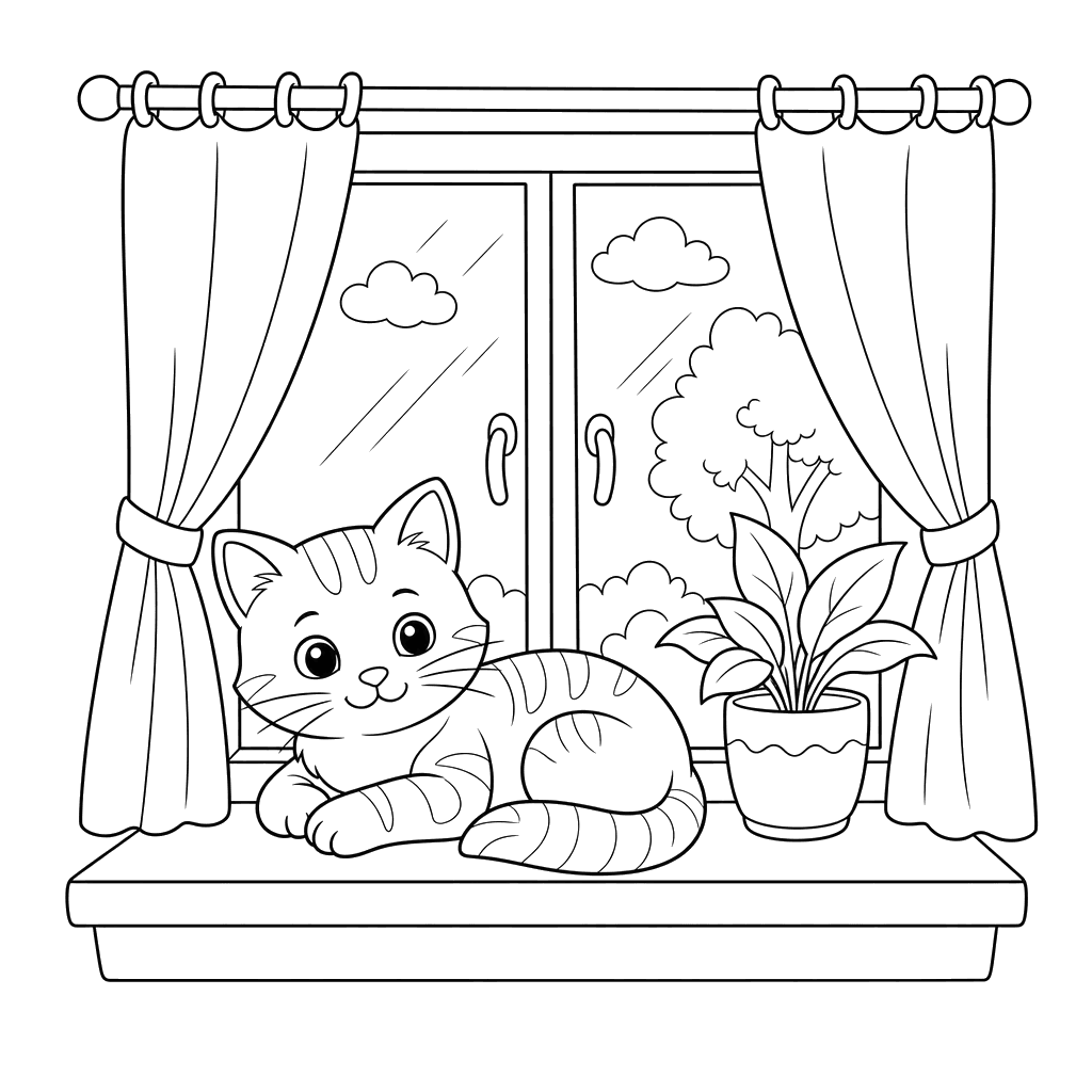 Cat Lying on a Windowsill Coloring Page