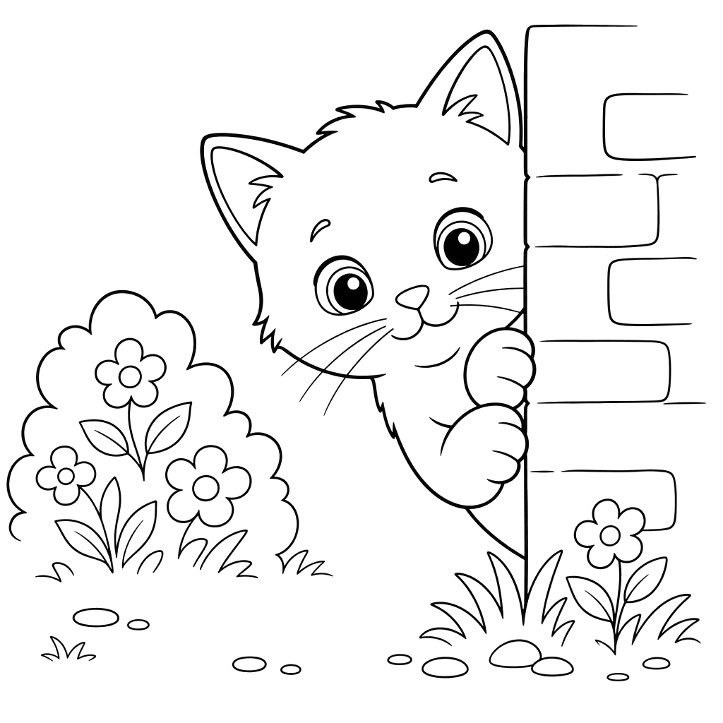 Cat Peeking from Around the Corner — Coloring Page