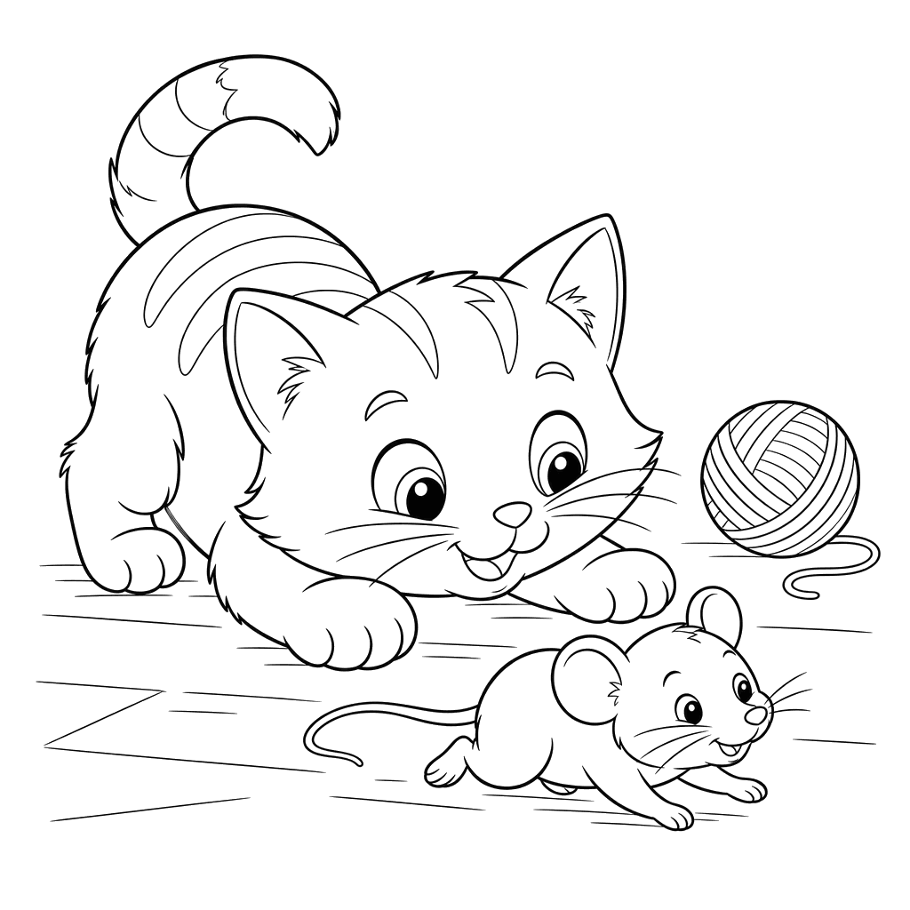 Cat Playing with Mouse Coloring Page