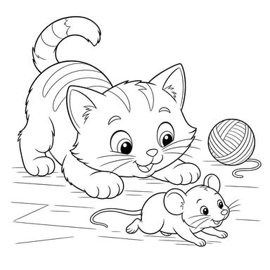 Cat Playing with Mouse Coloring Page