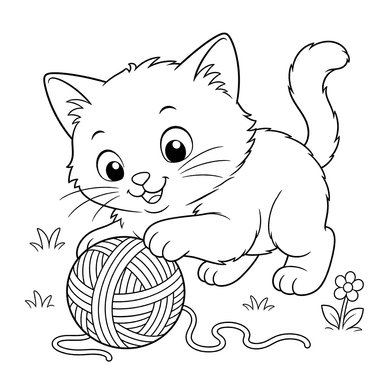 Cat Playing with a Yarn Ball — Coloring Page